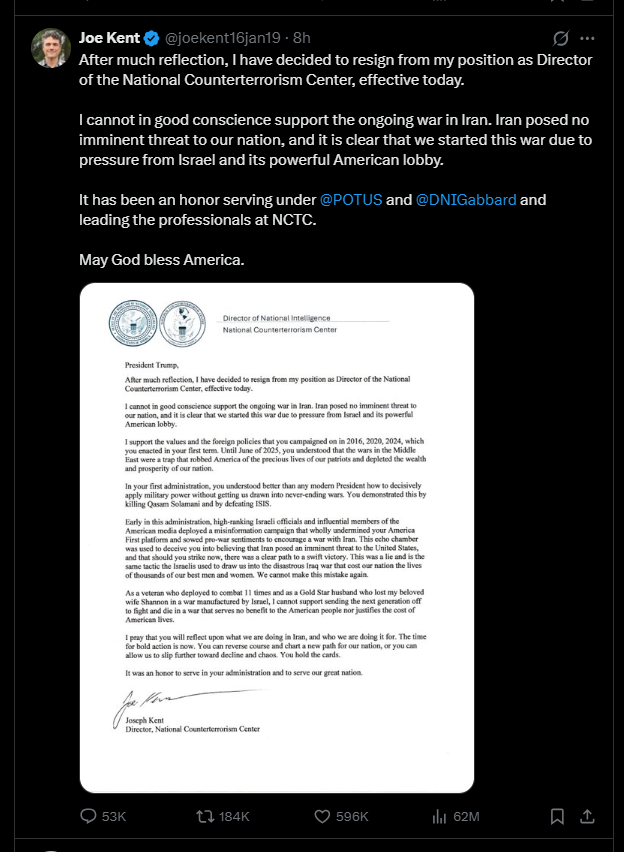 2026 03 16 X Joe Kent Resignation